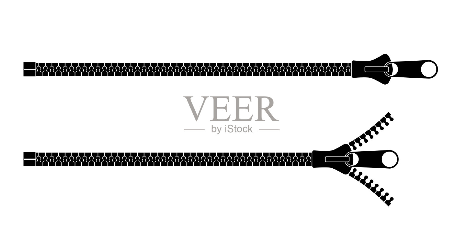 服装紧固件水平矢量图标。关闭打开和关闭拉链的夹克和衬衫剪纸。详细的黑色缝纫配件。独立的服装和纺织品设计元素。插画图片素材