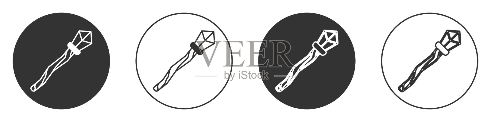 黑魔法图标隔离在白色背景上。魔杖，权杖，棍子，棒。圆按钮。向量插画图片素材