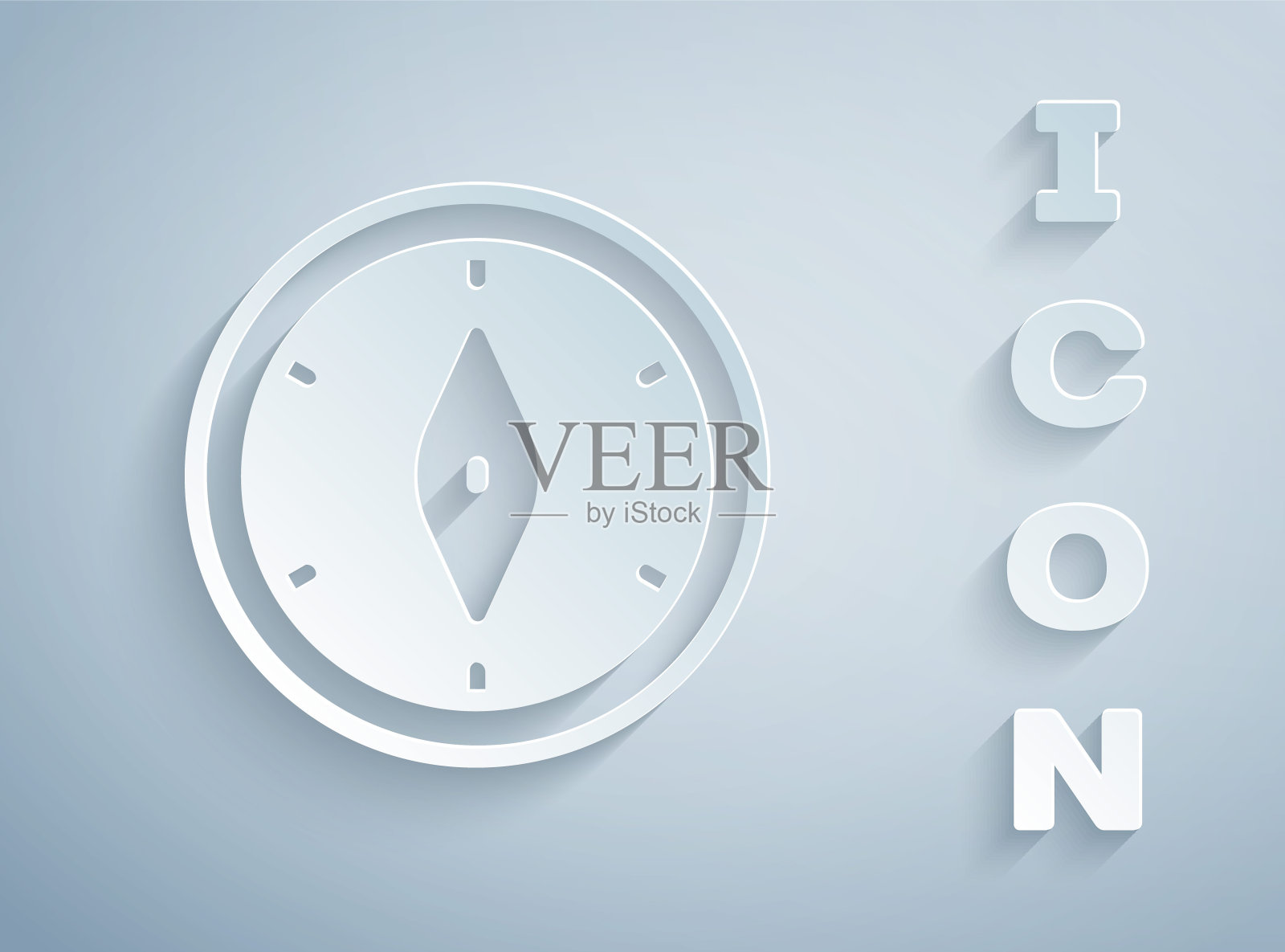 剪纸指南针图标孤立在灰色背景。Windrose导航的象征。风向玫瑰图信号。纸艺术风格。向量插画图片素材