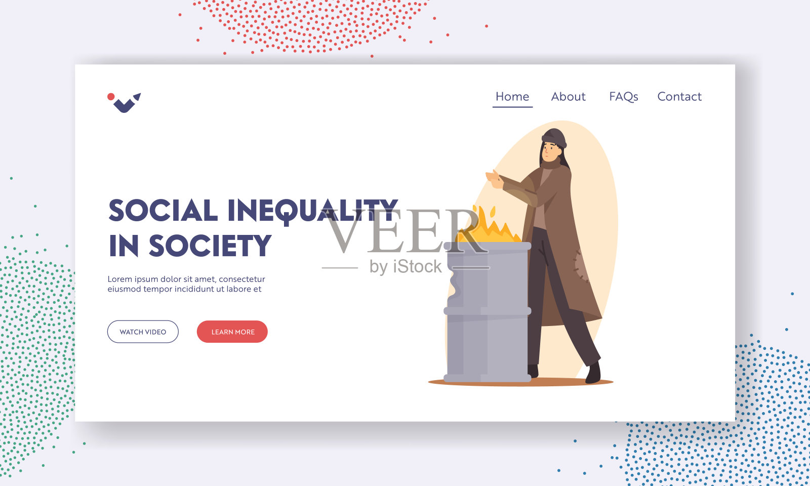 社会登陆页面模板中的社会不平等。悲伤的女人乞丐在铁桶里燃烧的火上暖手插画图片素材