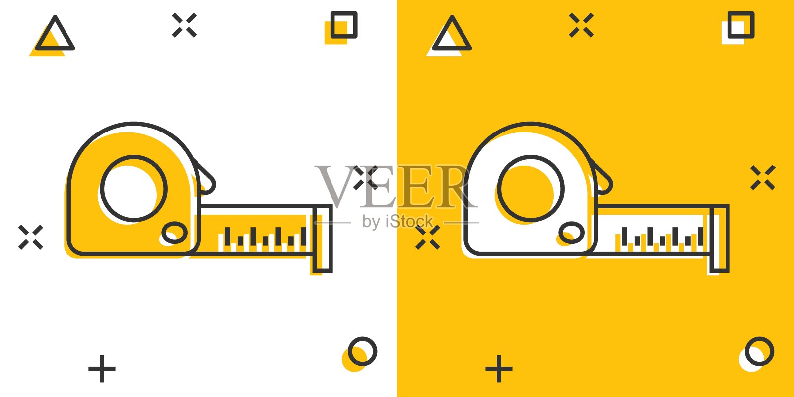在漫画风格的测量磁带图标。统治者卡通符号矢量插图在白色孤立的背景。仪表喷溅效果经营理念。图标素材