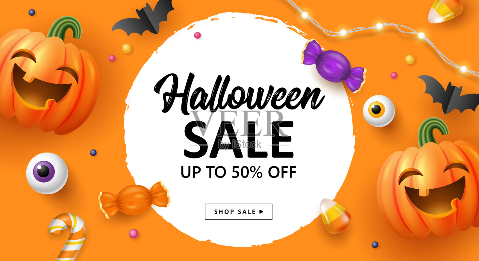 万圣节假期销售横幅模板社交媒体广告，邀请或海报设计与杰克灯笼南瓜和糖果在橙色背景。设计模板素材