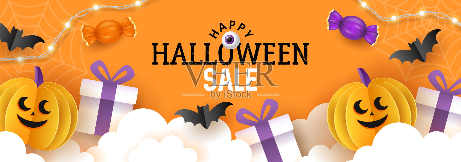 万圣节节日销售横幅模板社交媒体广告，邀请或海报设计与纸艺术南瓜和礼盒背景。设计元素图片