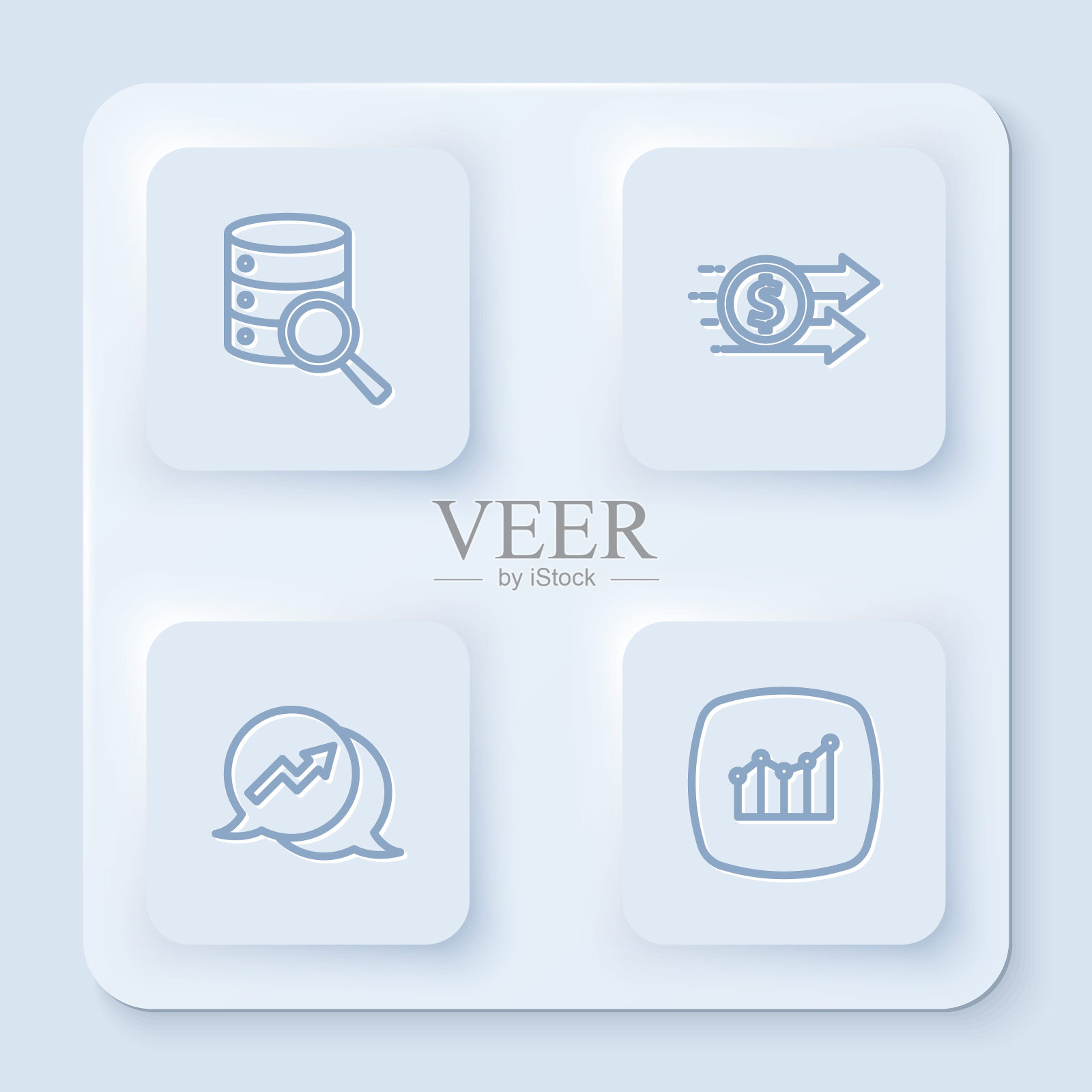 设置线服务器，财务增长美元，和。白色正方形按钮。向量图标素材