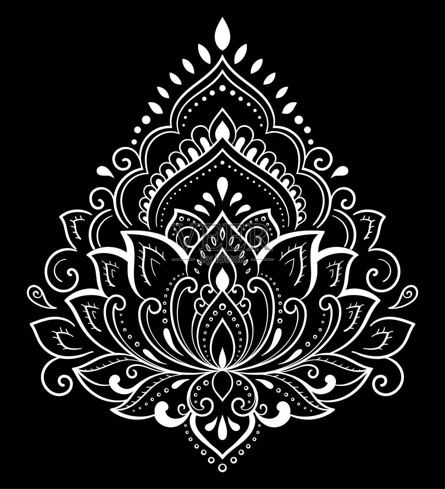 用于指甲花绘画和纹身的荷花曼海蒂花纹图案。东方印度风格装饰。涂鸦装饰。手绘矢量图。插画图片素材