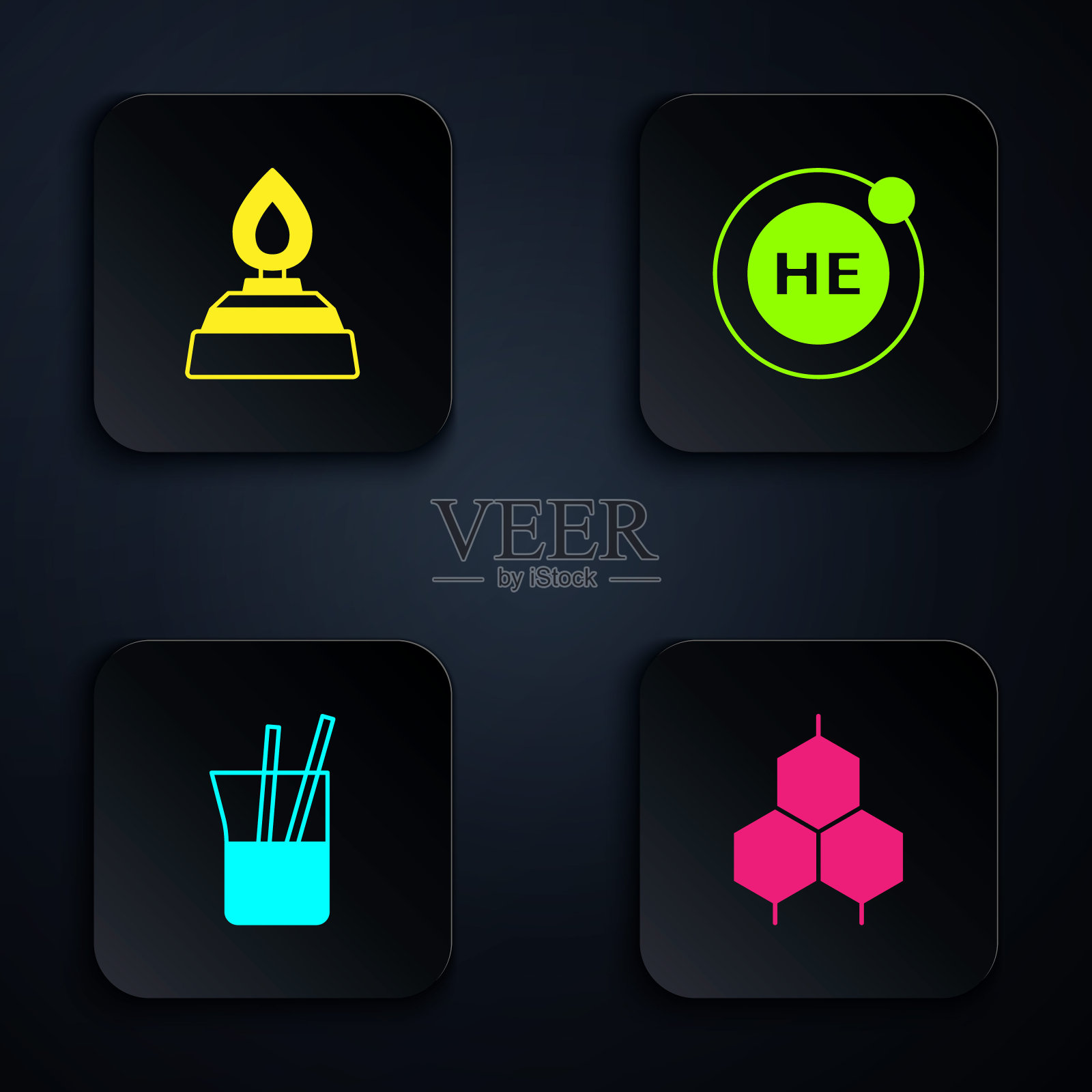 设置化学配方，酒精燃烧器，实验室玻璃器皿和氦。黑色方形按钮。向量图标素材