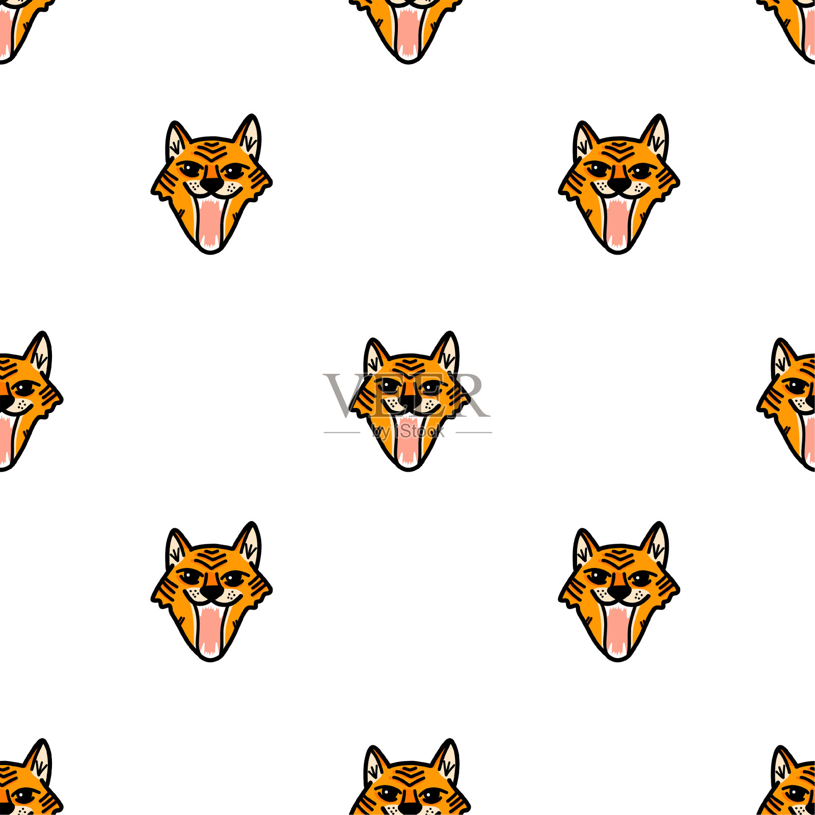 矢量模式与咆哮的老虎脸卡通风格在白色的背景。插画图片素材