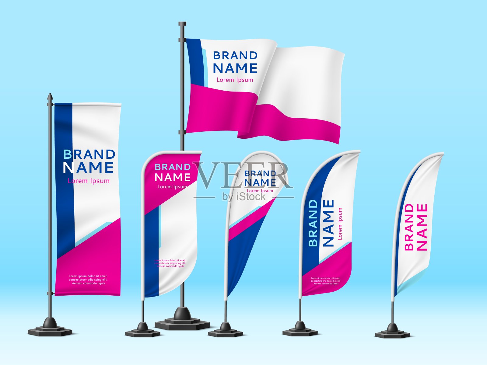 旗帜横幅的身份。逼真统一设计促销标志，织物品牌模型，广告营销和活动信息。向量组设计元素图片