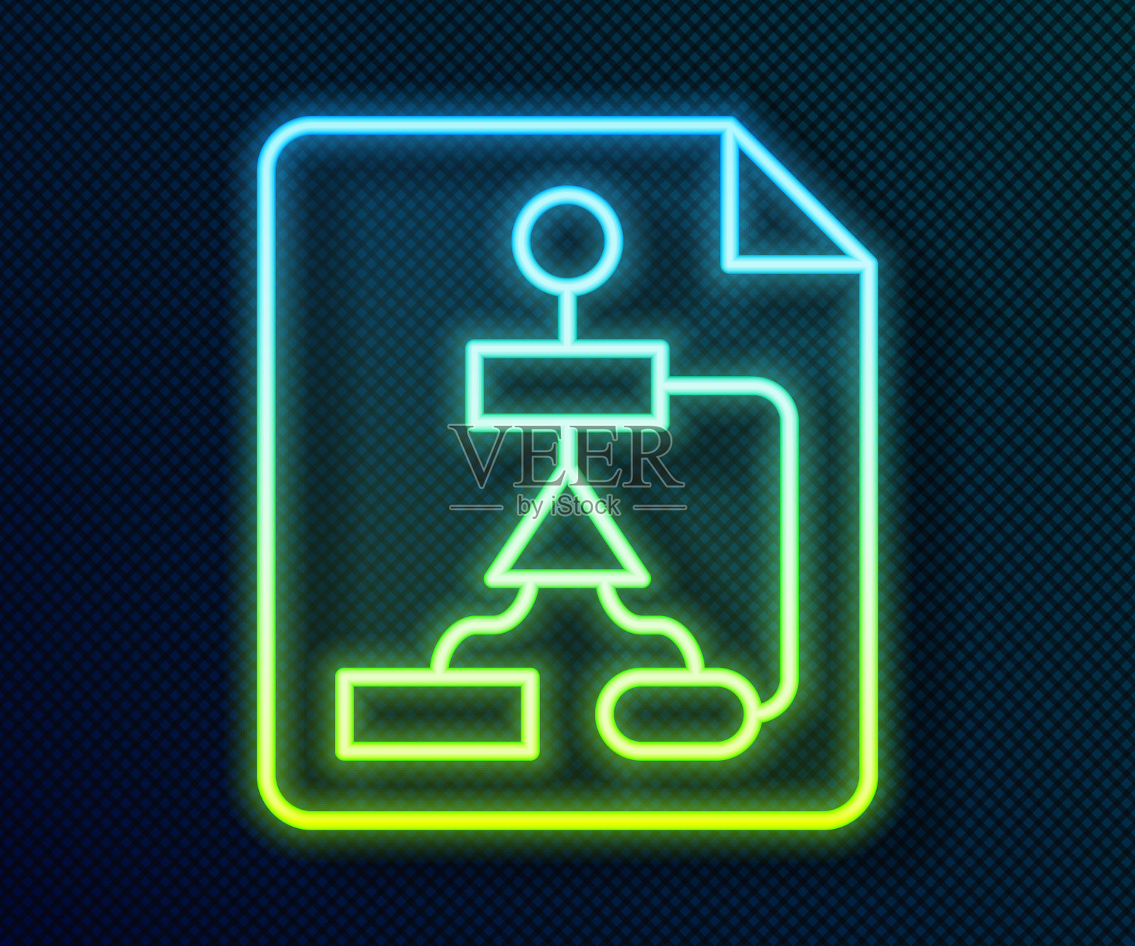 发光的霓虹灯线瓷砖流程图程序设计或过程管理计划图标隔离在黑色背景。框图。向量插画图片素材