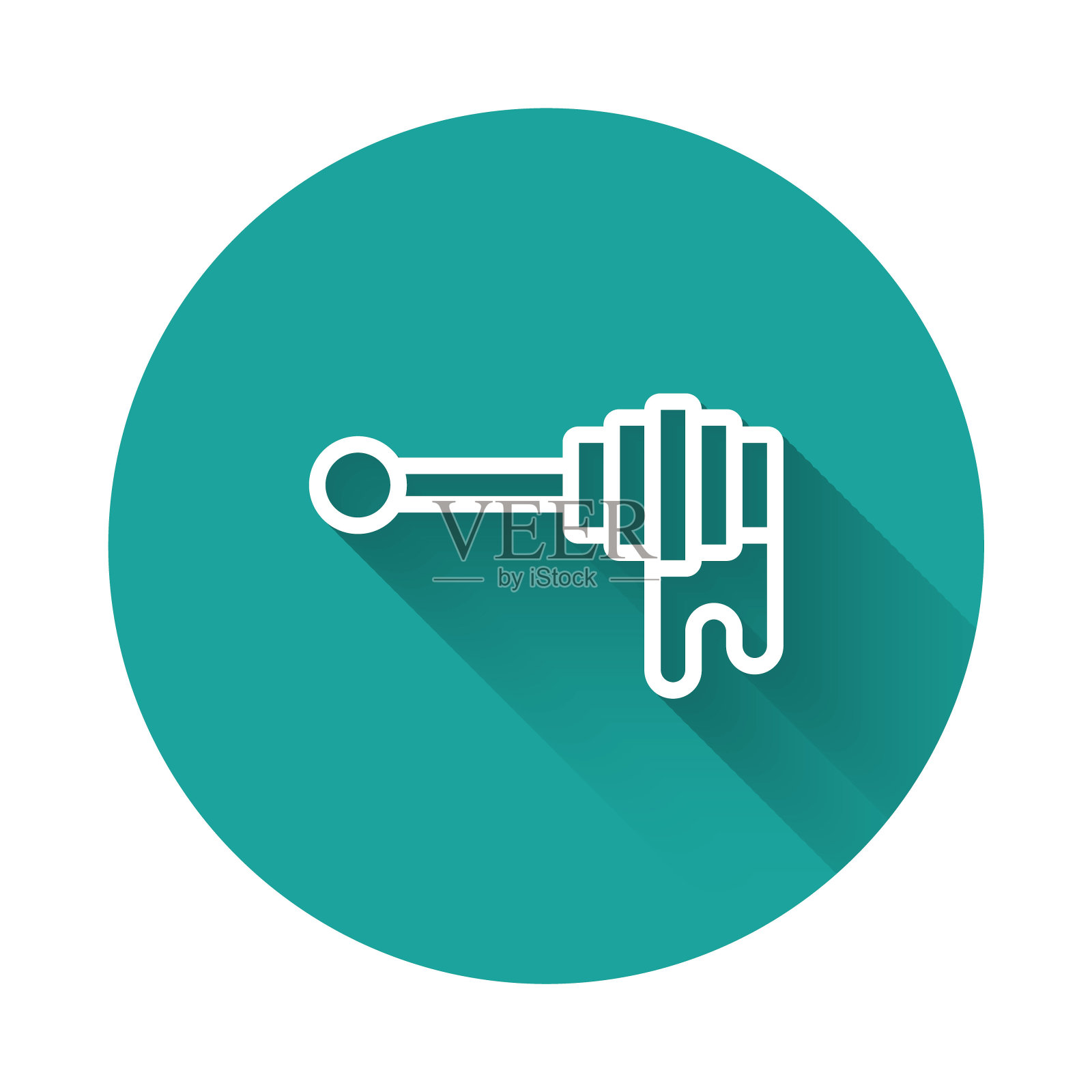 白线蜂蜜勺棒滴蜂蜜图标孤立与长阴影背景。蜂蜜包。绿色圆圈按钮。向量图标素材