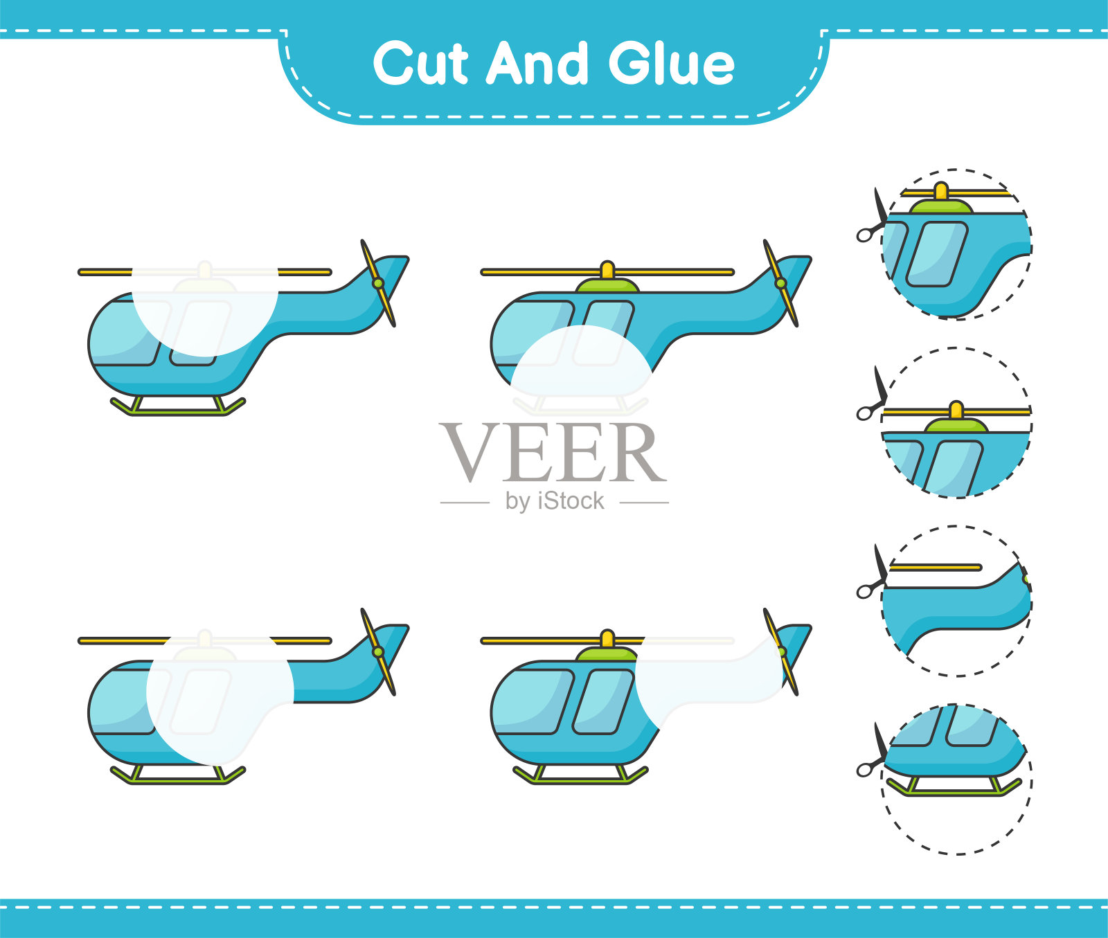 剪切和胶水，剪切直升机的部分和胶水。教育儿童游戏，可打印的工作表，矢量插图插画图片素材