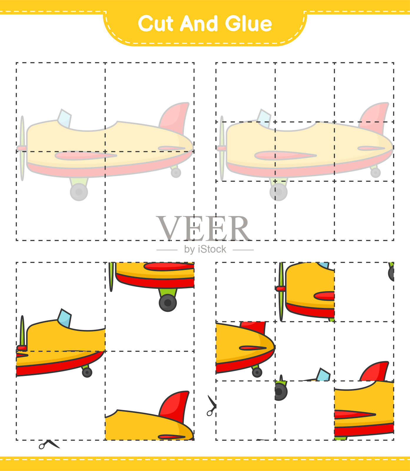 切胶，切平面的部分并粘上。教育儿童游戏，可打印的工作表，矢量插图插画图片素材