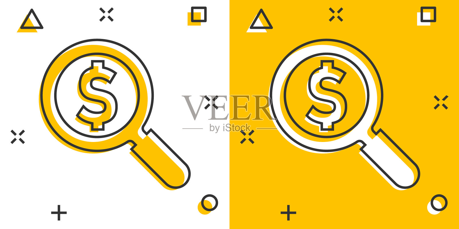 放大镜与美元符号图标在漫画插画图片素材