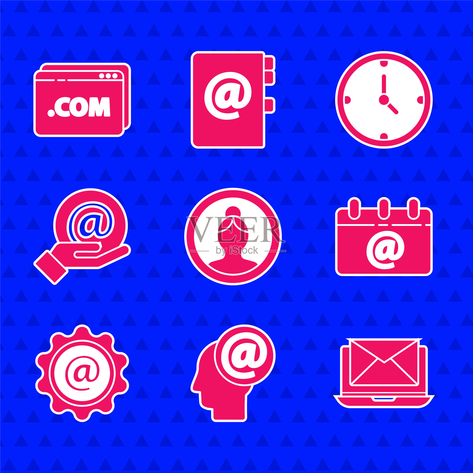 设置创建帐户屏幕，邮件和电子邮件，带信封的笔记本电脑，日历电子邮件，在手中，时钟和网站模板图标。向量图标素材