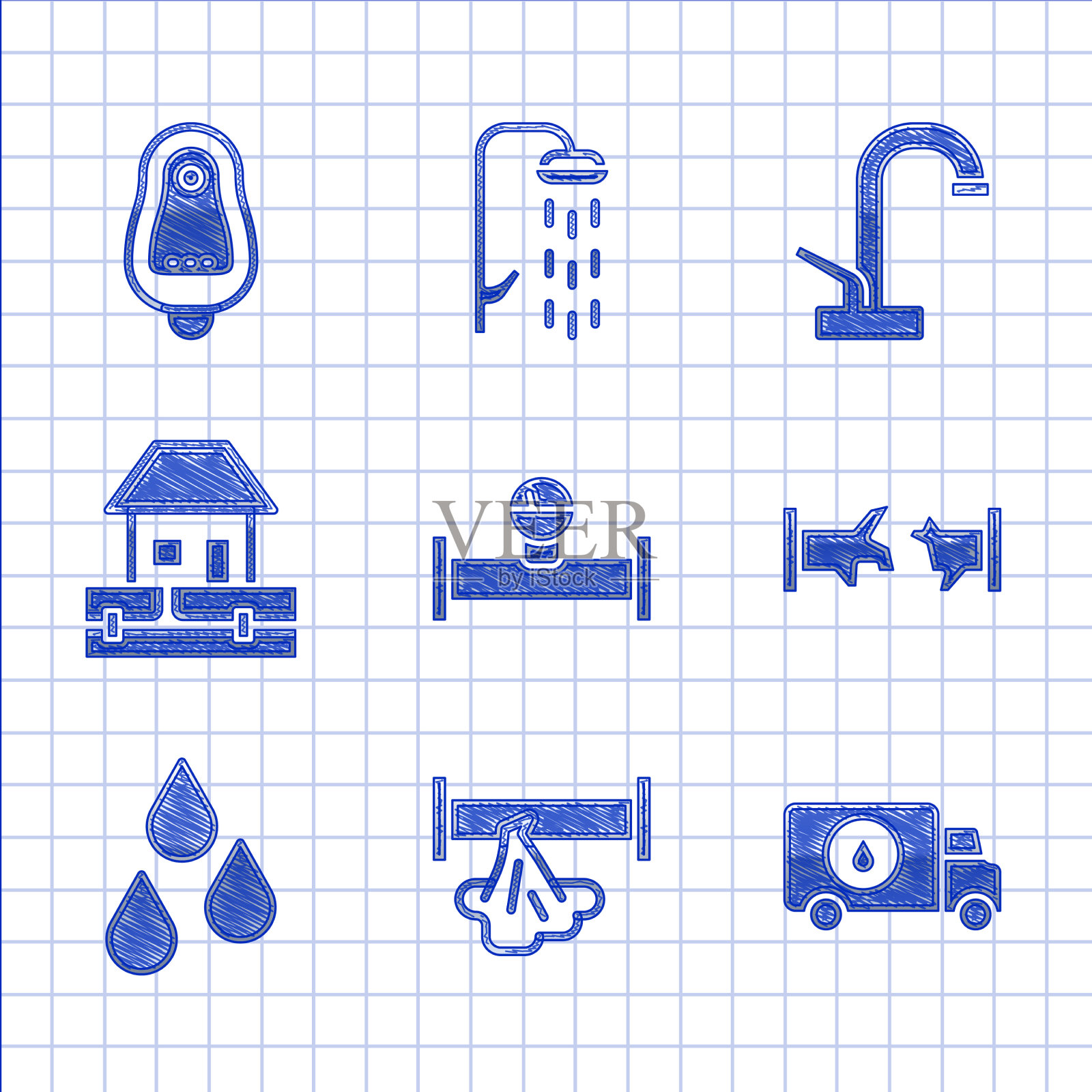 设置工业管道和压力计破裂的管道工图标素材