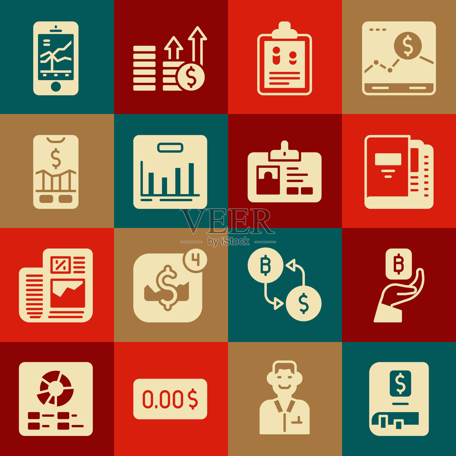 集财务账簿，手持比特币，办公文件夹，商业财务报告，饼图信息图表，移动股票交易，识别徽章图标。向量图标素材