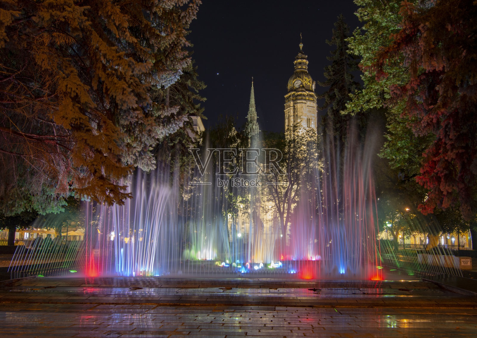 夜晚的歌唱喷泉，背景是圣伊丽莎白大教堂。科希策。斯洛伐克。照片摄影图片