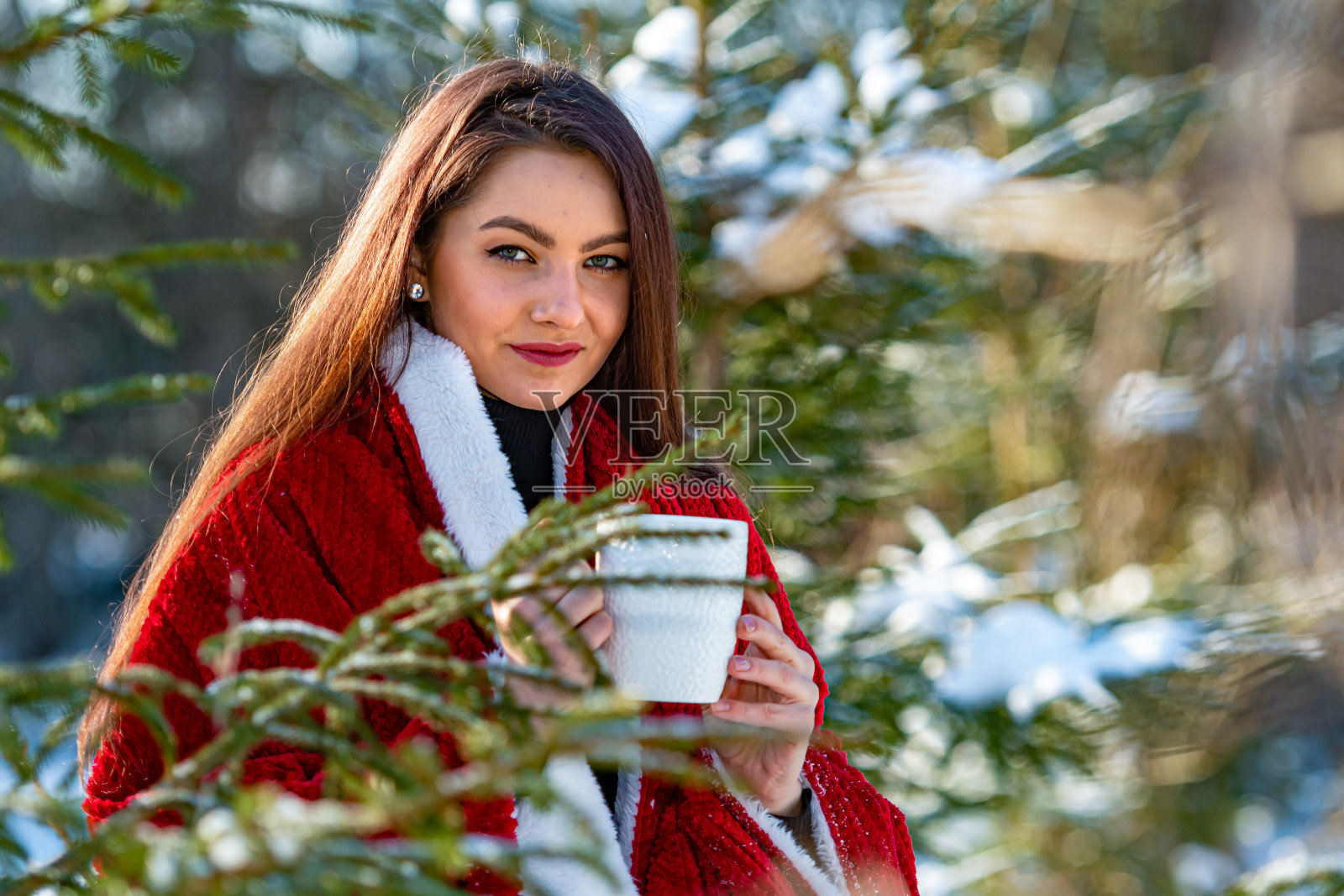 美丽的女人肩上披着红格子布，一杯茶在冬天的木头里，冬天的肖像照片摄影图片