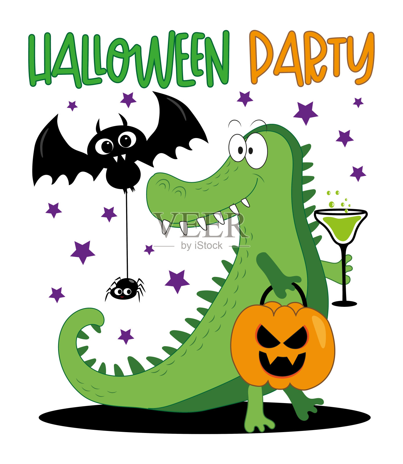 万圣节派对-快乐的蝙蝠，蜘蛛和可爱的短吻鳄与南瓜和长生不老药。设计模板素材