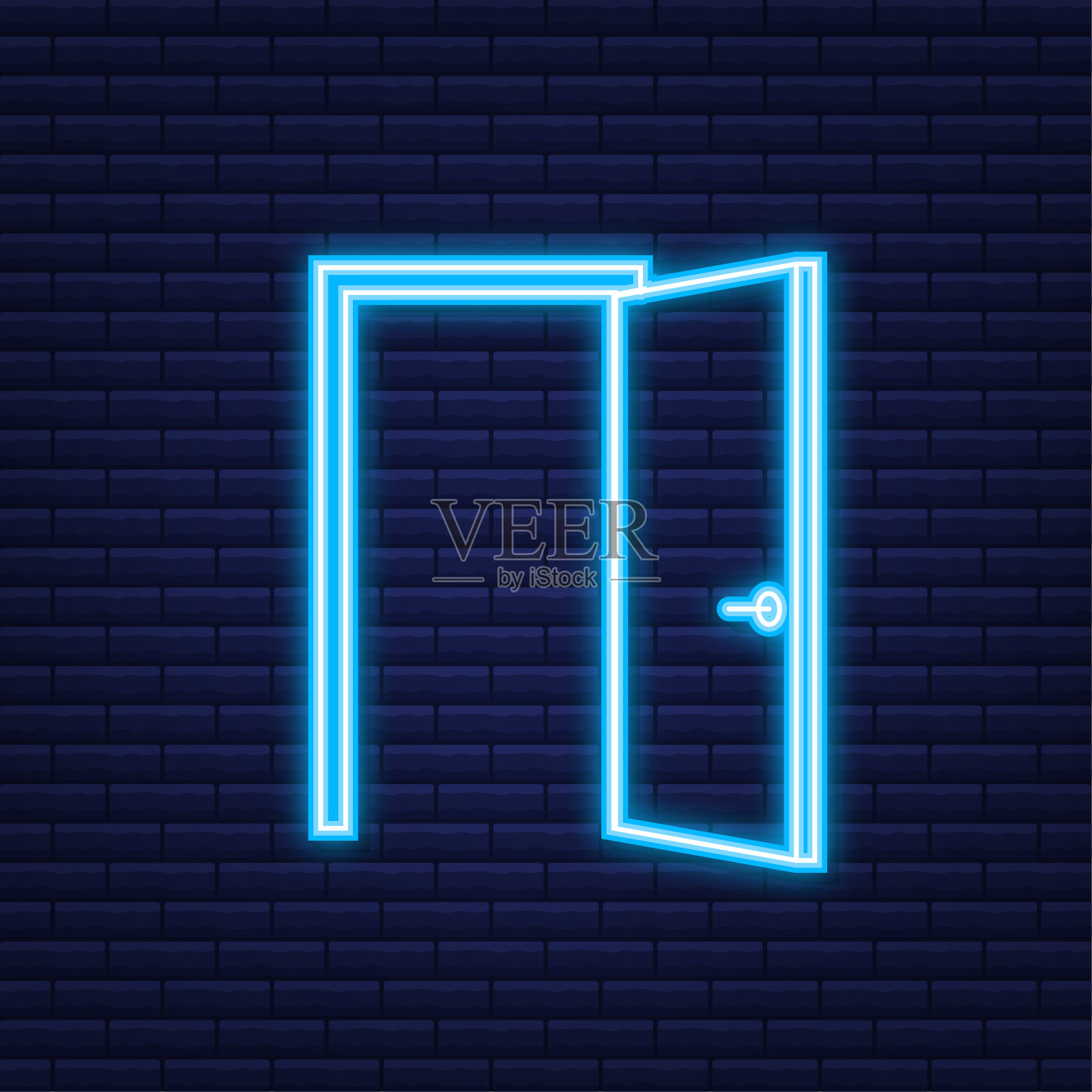 打开门。室内设计。霓虹灯图标。经营理念。前视图。家庭办公室。矢量插图。设计元素图片