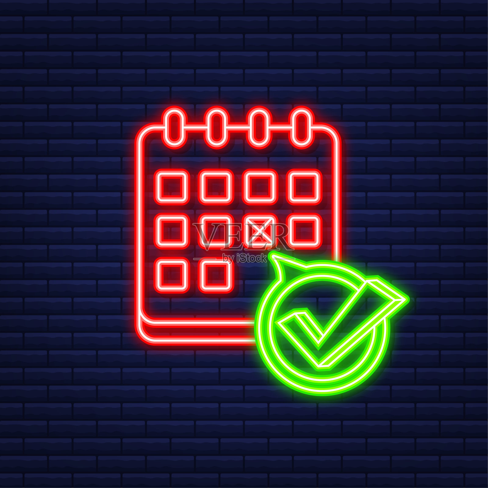 日历有勾号或勾号。霓虹灯图标。批准或计划日期。矢量插图。插画图片素材