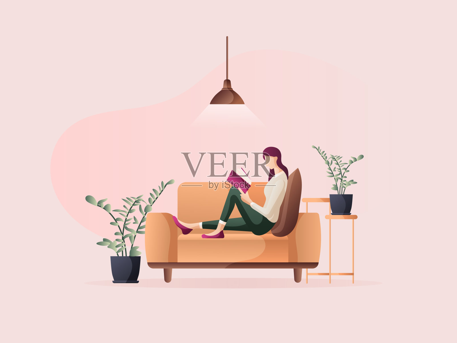 女人在沙发上看书放松。插画图片素材