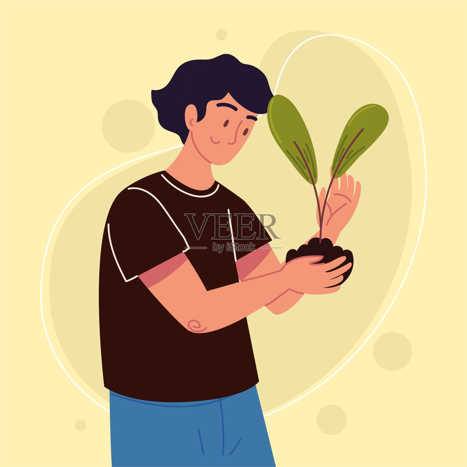 手持植物的男子插画图片素材