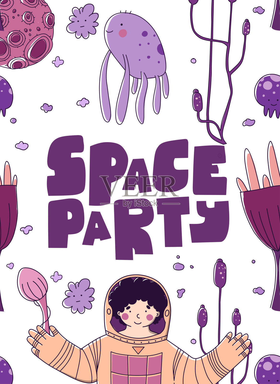 现代卡通礼品卡与空间派对概念设计。假日向量背景。插画图片素材