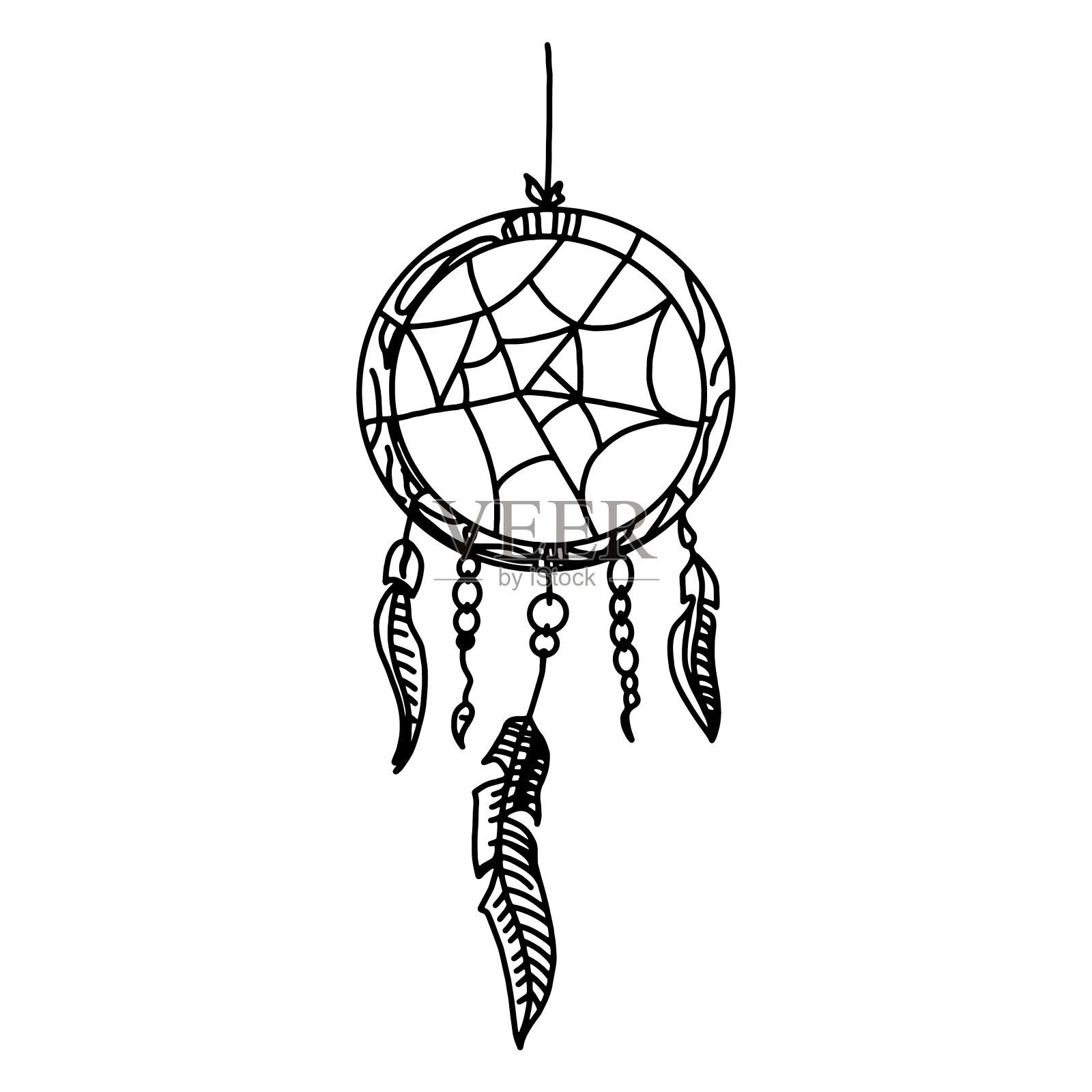 捕梦网用羽毛，高细节仪式的东西。美国放荡不羁的精神。手绘草图矢量插图纹身或t恤打印插画图片素材