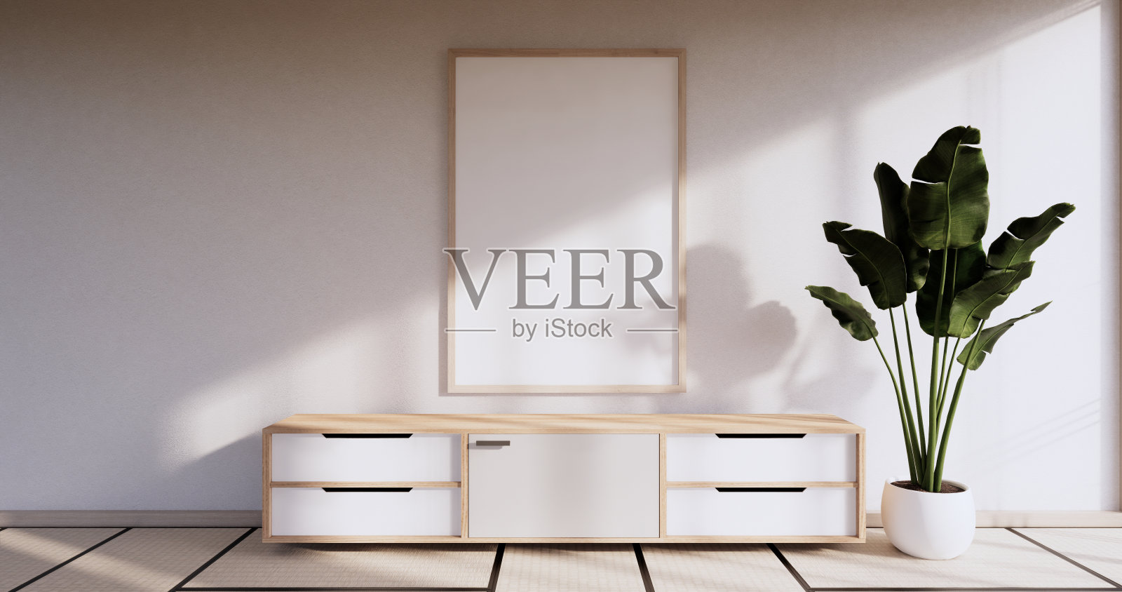 柜式木质设计，现代日式房间。三维渲染照片摄影图片