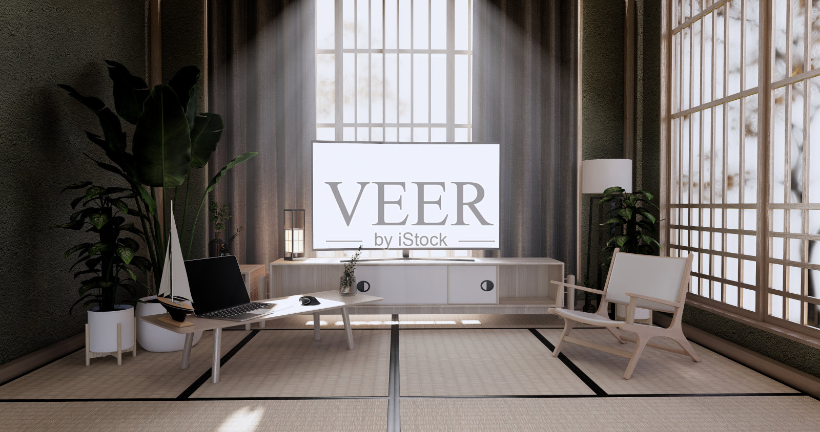 复古橱柜设计，绿色客厅扶手椅日本风格。三维渲染照片摄影图片