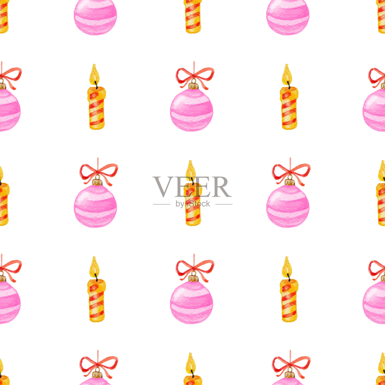 水彩圣诞节无缝模式与蜡烛和装饰插画图片素材