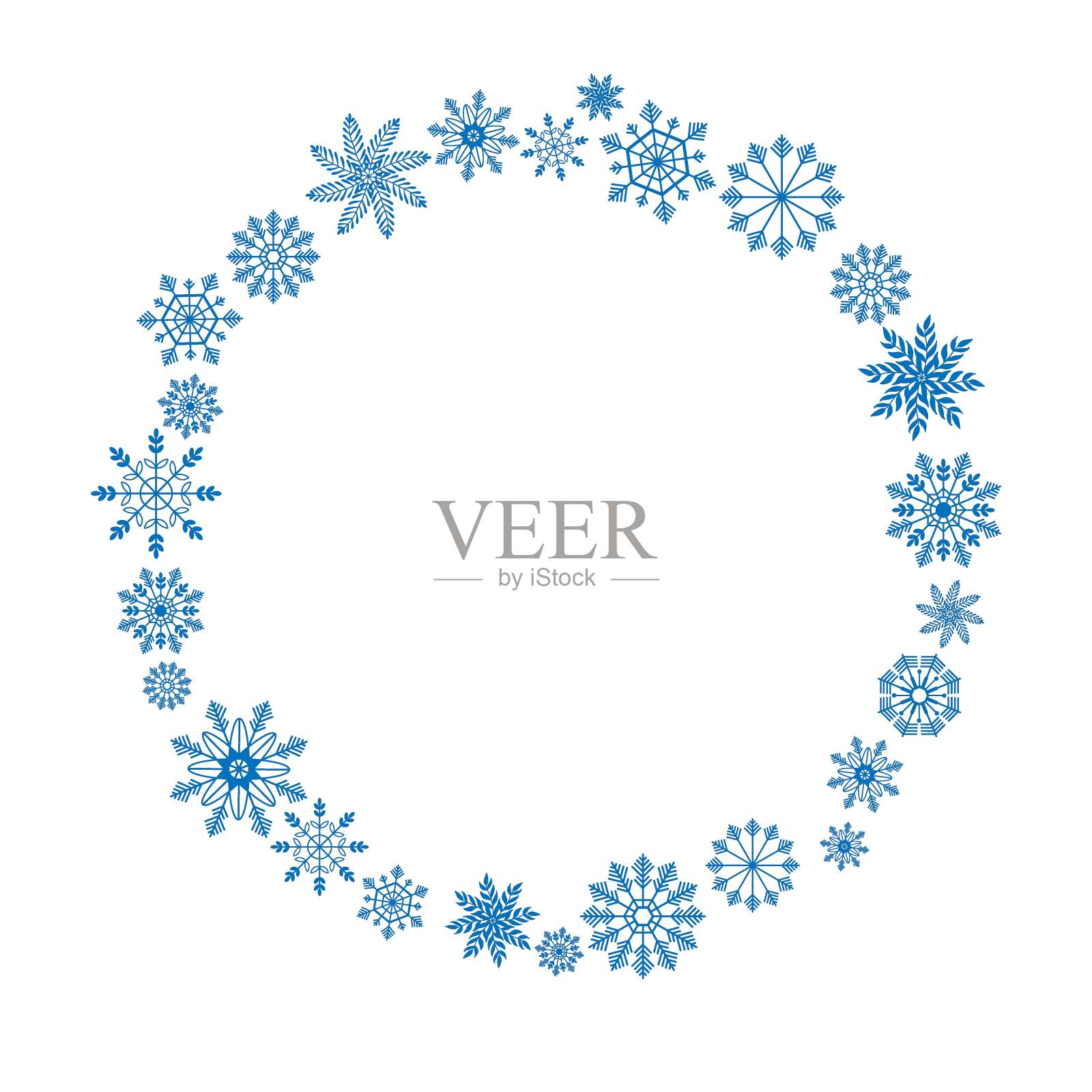 雪花花环。冬天的框架。祝贺新年和圣诞节与文本，照片，保存日期，标志，字母组合的复制空间相框。蓝色的雪花落在白色的上面。向量的线性图插画图片素材
