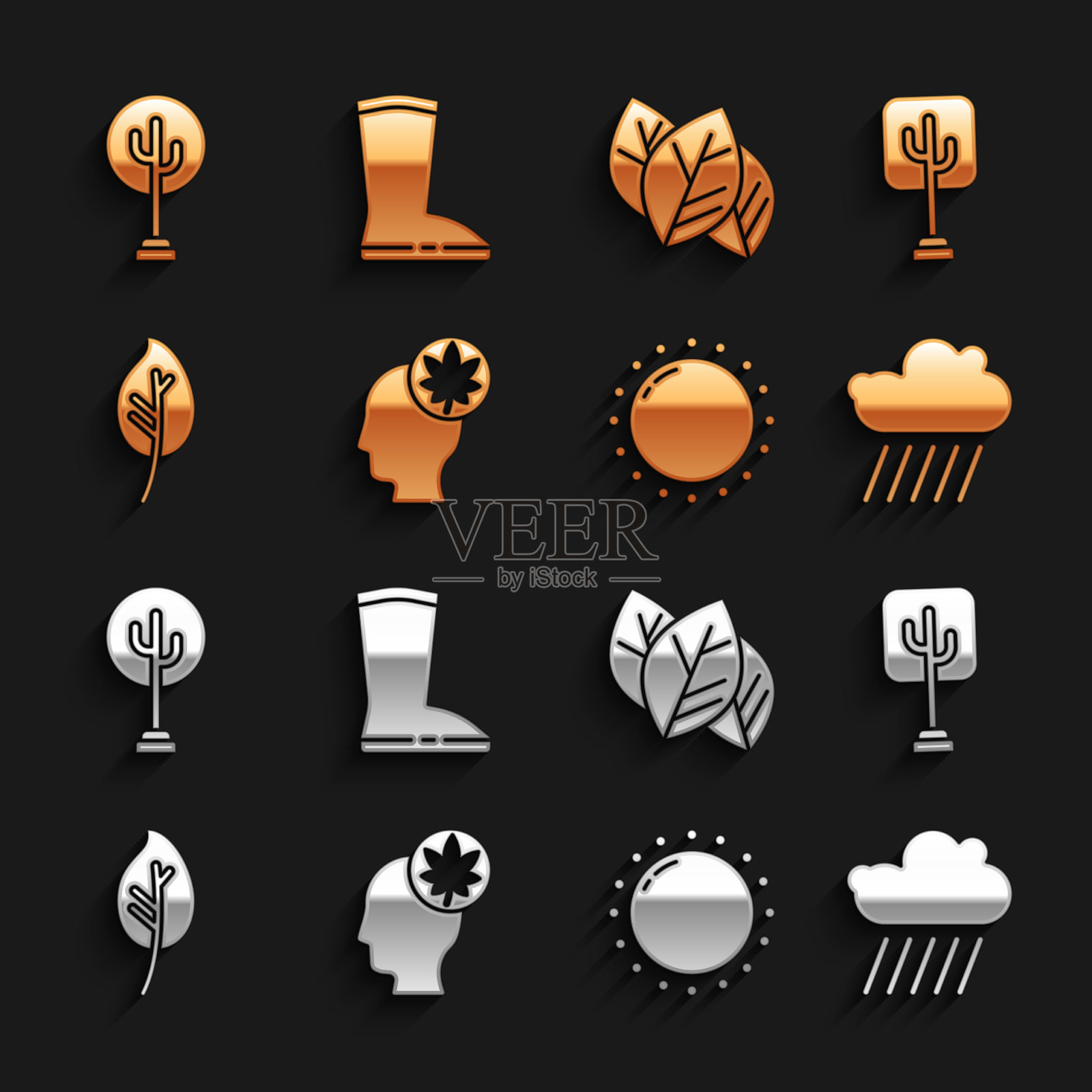 集人头与叶树云雨太阳图标素材