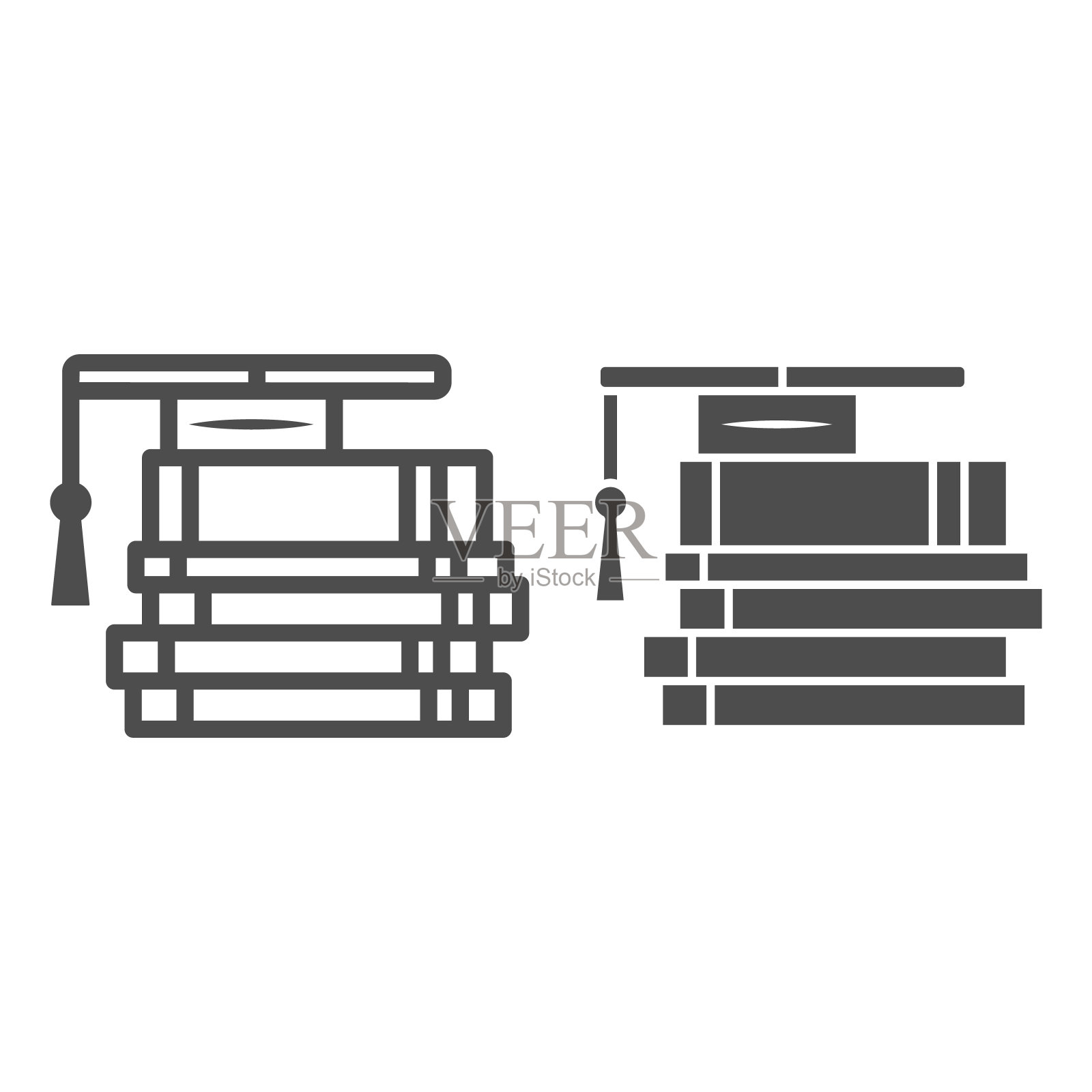 堆叠的书籍和毕业帽线和固体图标，教育概念，学习从教科书矢量标志上的白色背景，轮廓风格图标的移动概念和网页设计。矢量图形。图标素材
