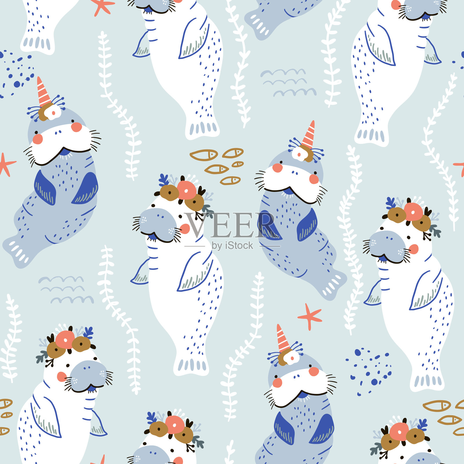 天衣无缝的幼稚图案与可爱的海牛插画图片素材