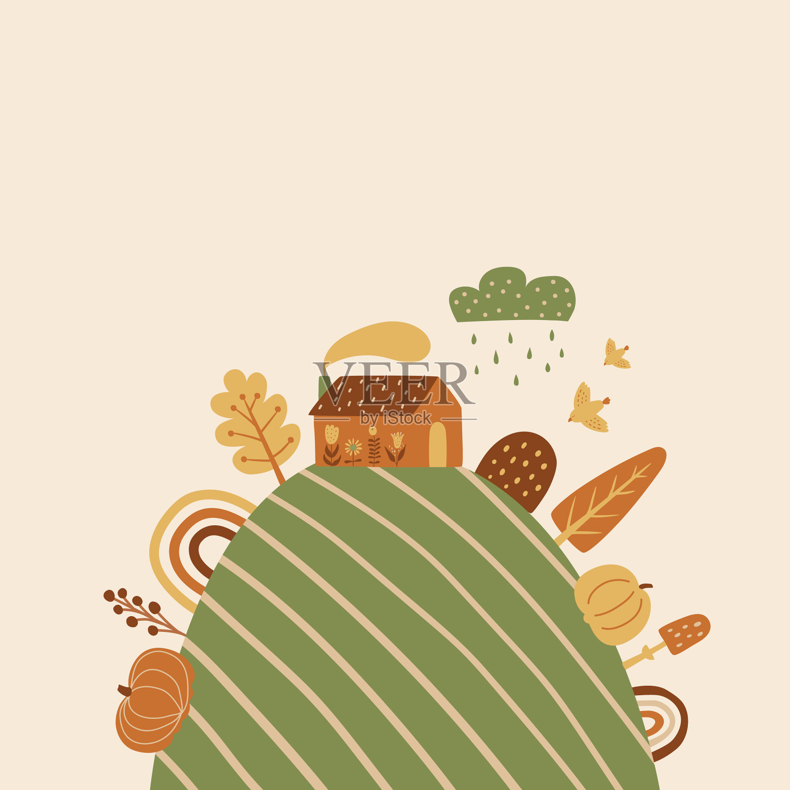 秋天的景色秋天的房子山上卡通秋天插画图片素材