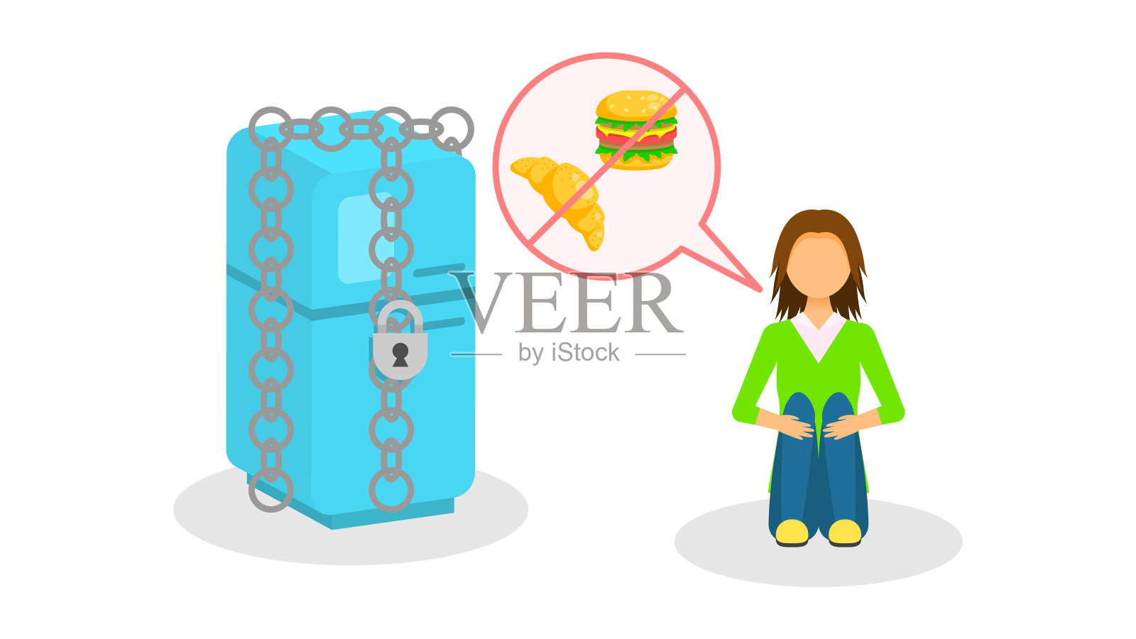 抽象扁平的女人瘦女孩在冰箱旁边的链子限制自己的食物卡通人物角色概念插图矢量设计风格缺乏体重厌食症插画图片素材