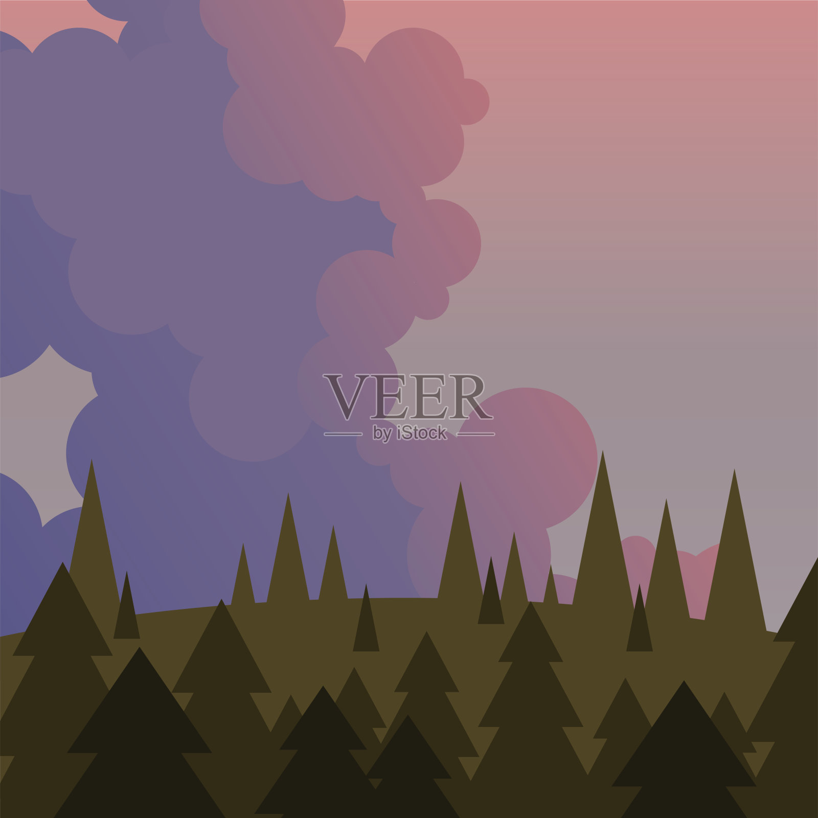 景观松树和紫色天空矢量设计插画图片素材