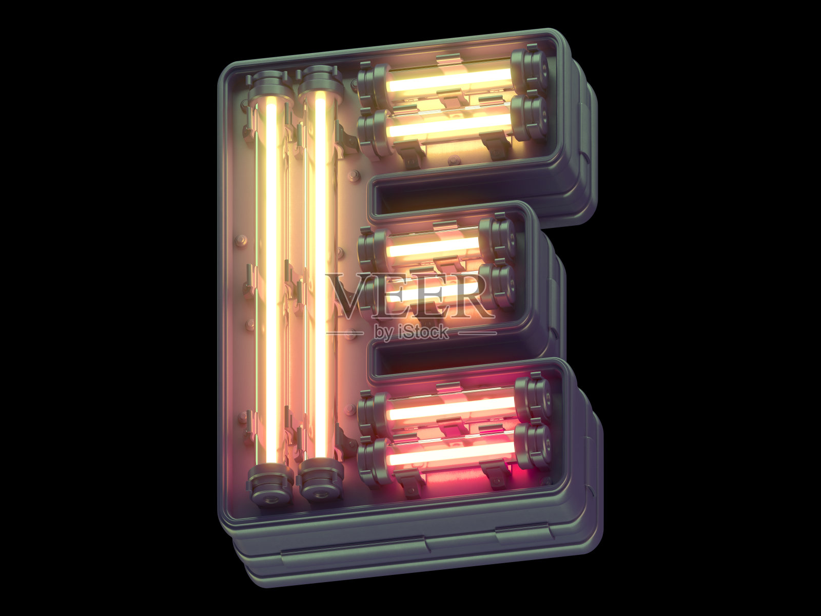 橙色霓虹灯字体。字母E。插画图片素材