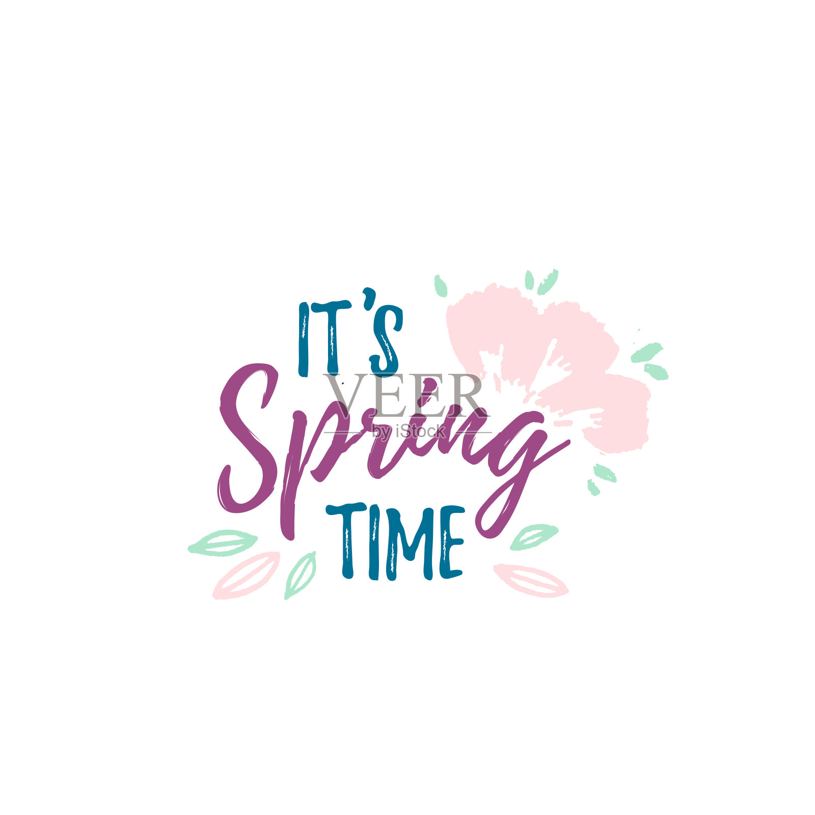 Spring标识，徽章排版图标。用树叶书写春天季节贺卡，邀请模板插画图片素材