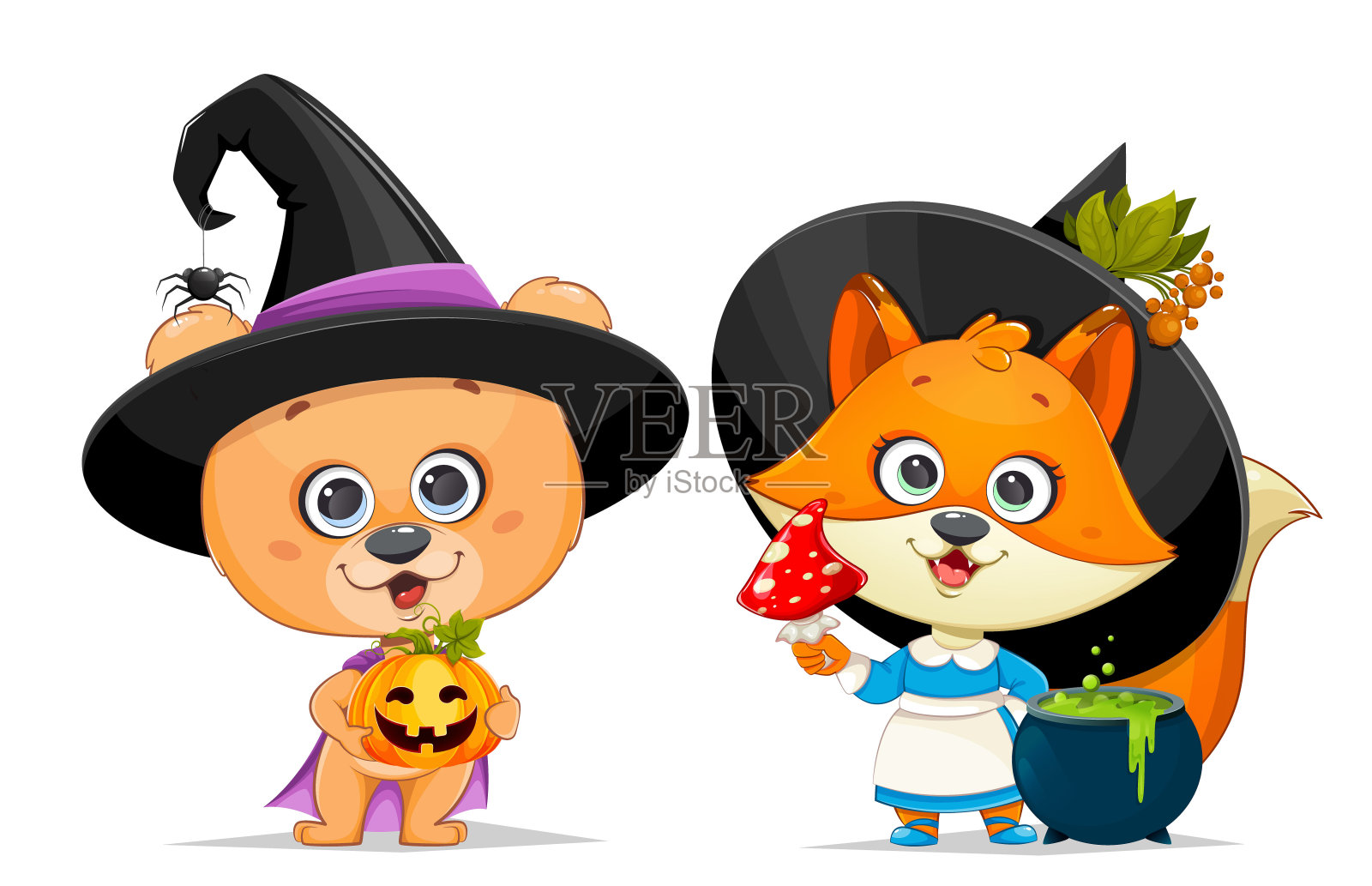 万圣节快乐。可爱的熊和有趣的狐狸插画图片素材