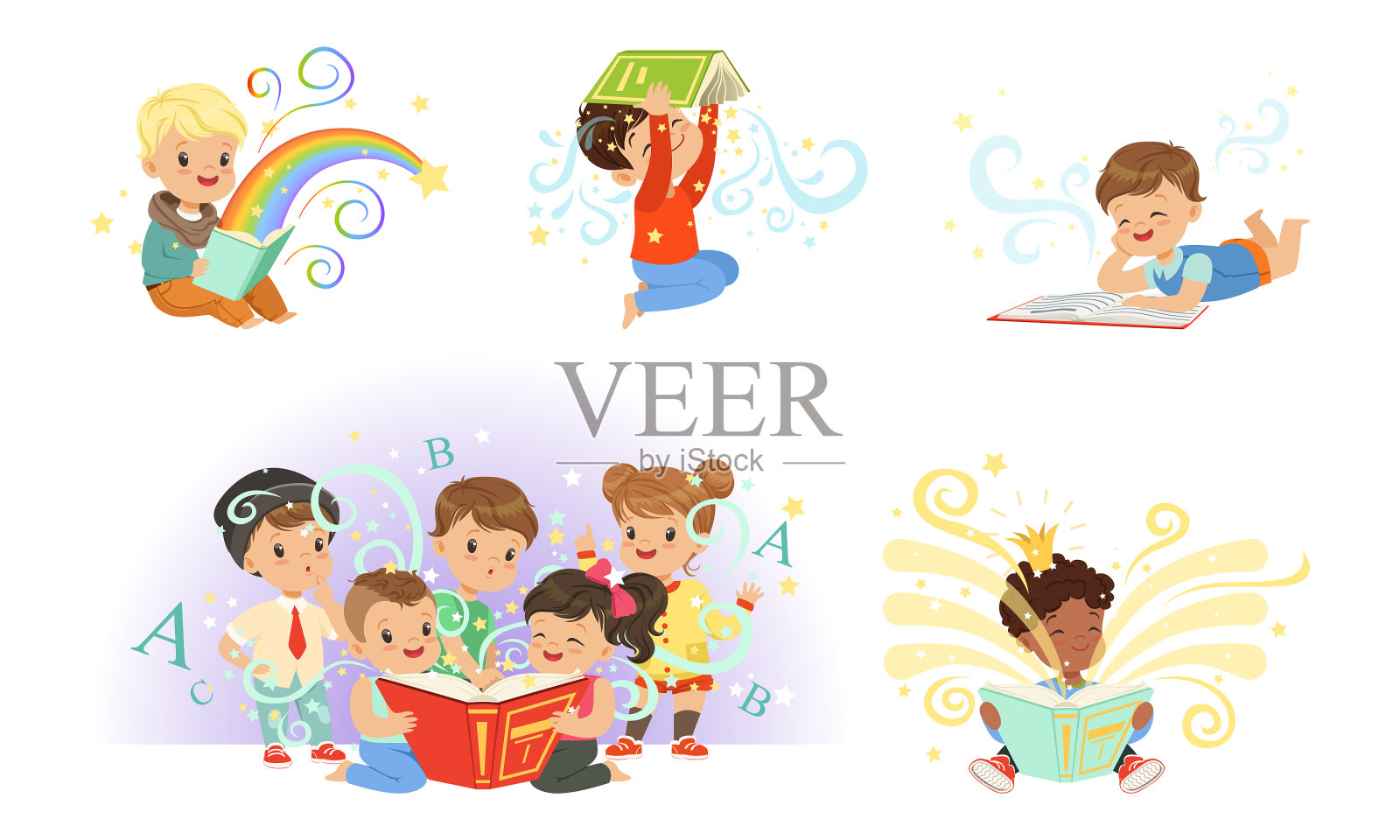 小朋友们读着童话故事设定的童话书插画图片素材