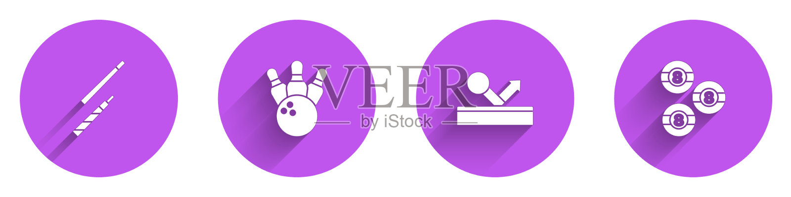 设置桌球杆、保龄球瓶、球和图标图标素材