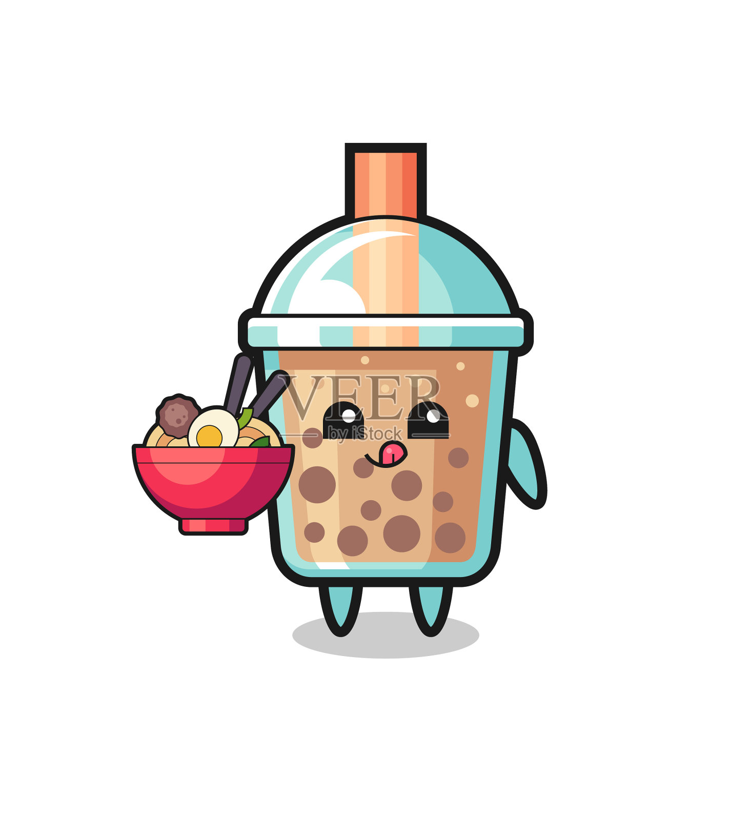 可爱的泡泡茶人物在吃面条设计元素图片