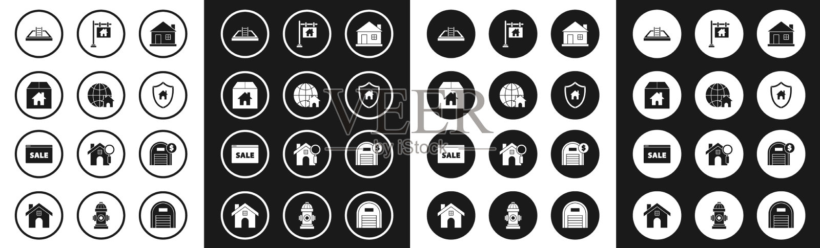 设置房屋地球仪与房屋符号纸箱图标素材