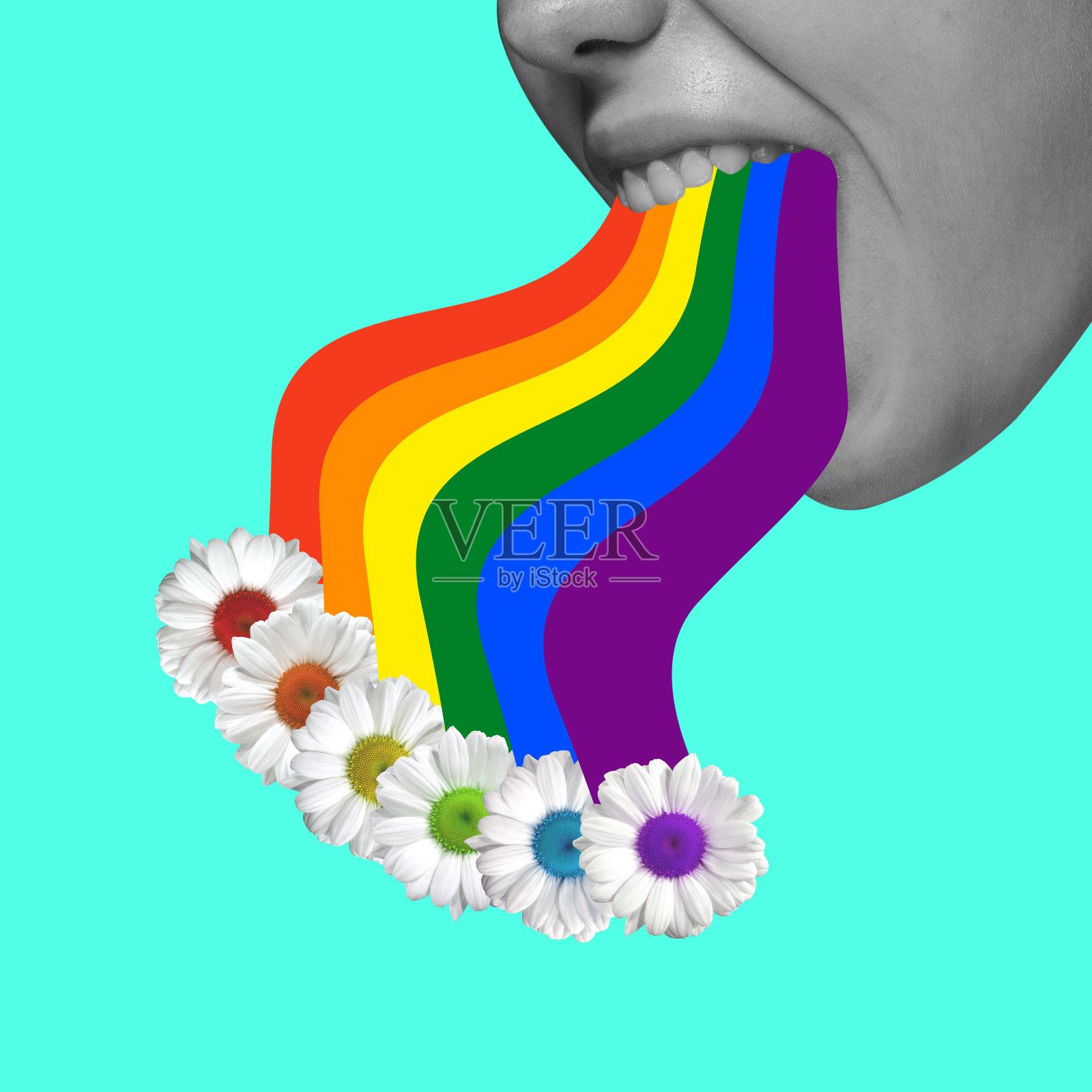 当代艺术拼贴。年轻的女孩和彩虹在蓝色的背景上孤立。插画图片素材