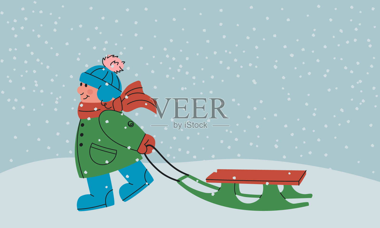 快乐的孩子带着雪橇。小男孩穿着冬天的衣服，戴着帽子和围巾。孩子在雪的冬天风景。卡通矢量插图设计。插画图片素材