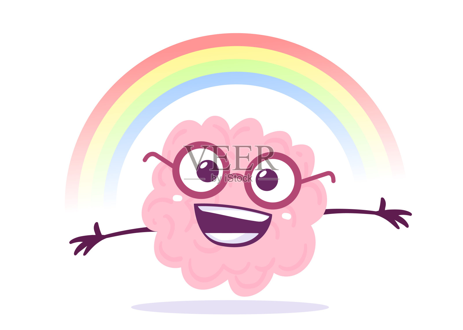 矢量创意插图的快乐粉红色人脑字符在眼镜与明亮的彩虹在白色背景。快乐脑扁平化知识概念设计插画图片素材