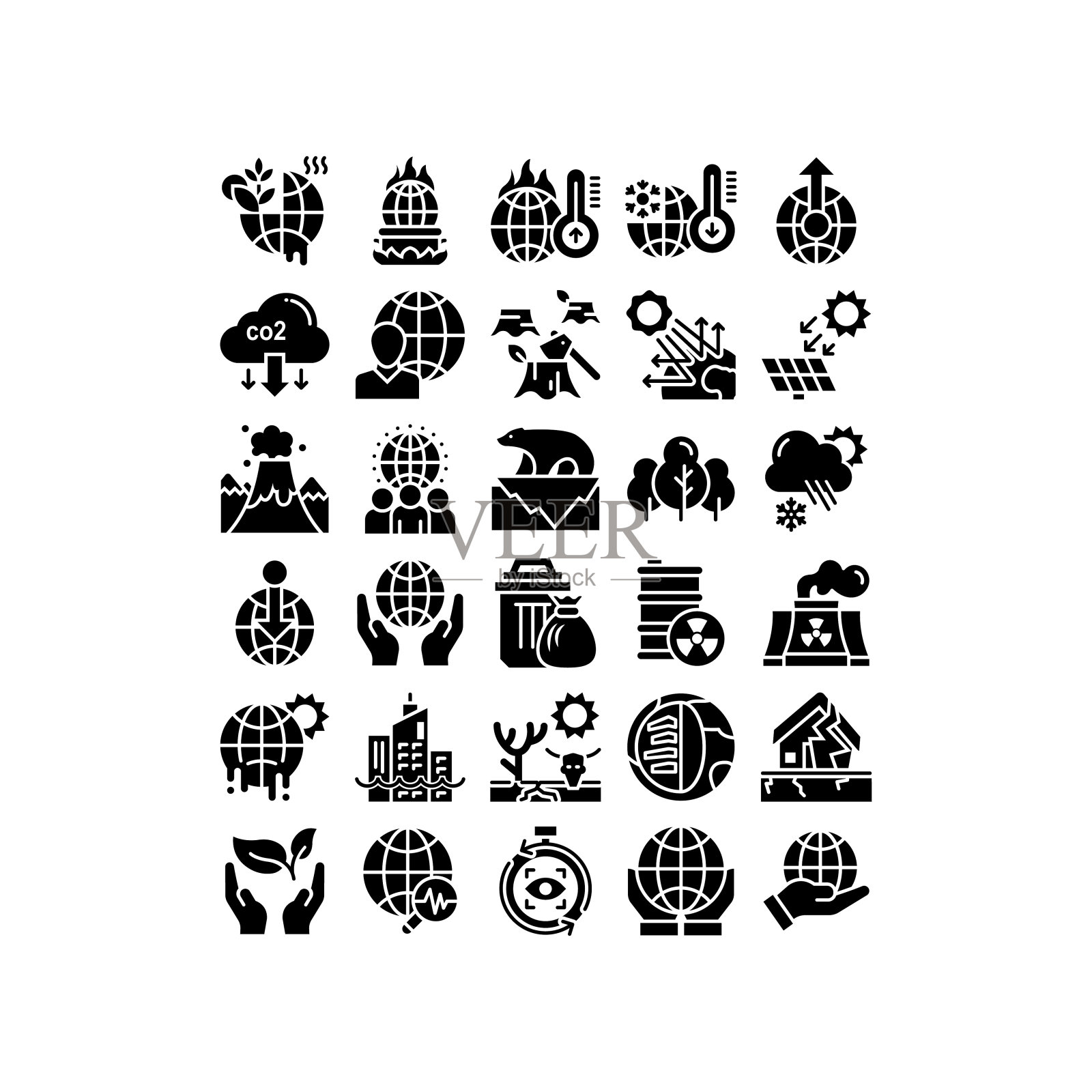 气候变化矢量固体图标风格插图集。EPS 10个文件图标素材